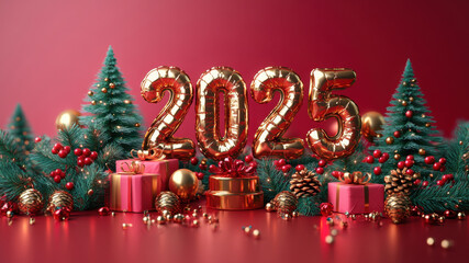 Festive 2025 celebration with golden balloons, pine trees, and holiday gifts on a vibrant red background