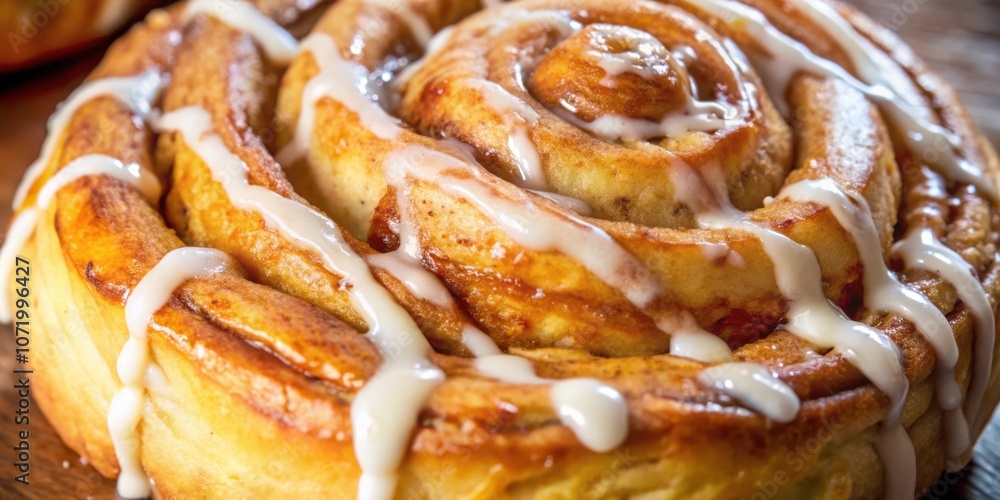 Poster a freshly baked cinnamon roll with a generous drizzle of sweet frosting, capturing the essence of wa