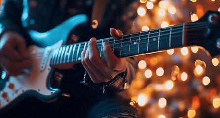 Obraz premium A man singing into a microphone with a guitar in front of him