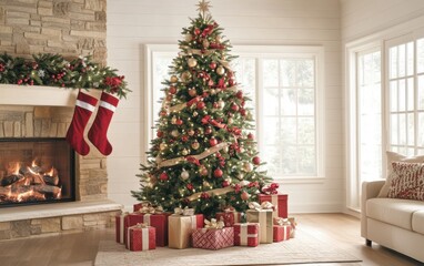 A beautifully decorated Christmas tree with gifts and stockings in a cozy living room during the holiday season