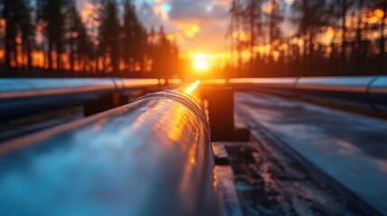 Obraz premium An eye-catching image of sunlight reflecting off pipelines stretching through a twilight landscape, symbolizing movement, direction, and endless possibilities in modern style.
