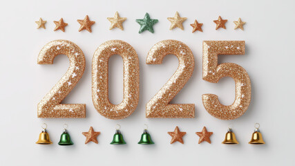 Naklejka premium Glittery 2025 decorations featuring shiny stars and bells ideal for New Year celebrations and festive occasions in a bright setting