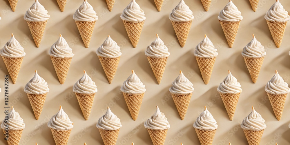 Poster A Seamless Pattern of Vanilla Ice Cream Cones Arranged in a Grid on a Light Brown Surface