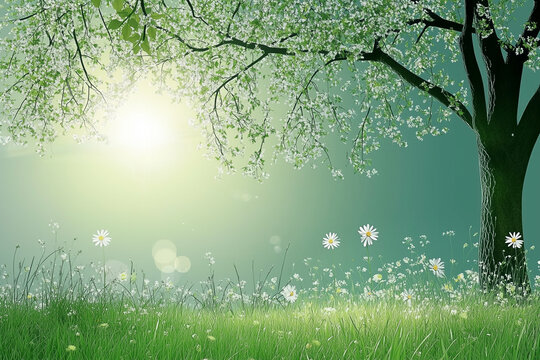 Spring themed background illustration with trees and flowers and a bright blue sky as copy space.