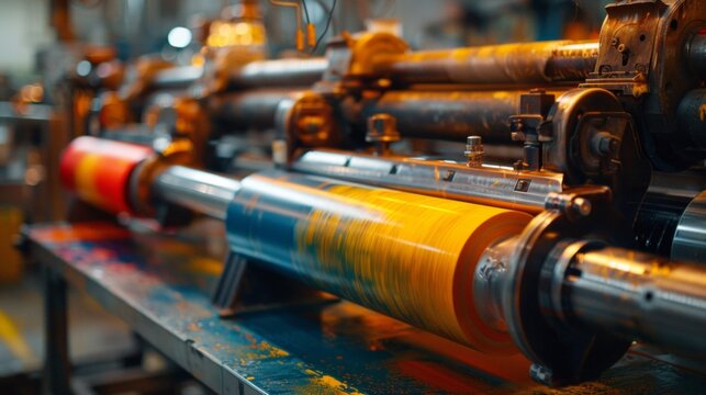 Image shows a vintage printing press in a factory, with a robust metallic structure and colorful cylinders. Factory ambiance exudes a retro vibe with reddish-orange hues.