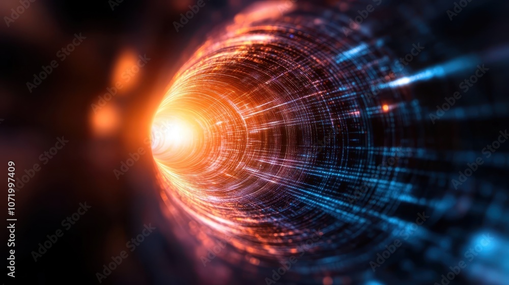 Poster a visually captivating digital tunnel featuring dynamic and colorful light streaks, symbolizing the 