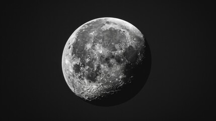 Obraz premium Detailed b&w photo of full moon against dark backdrop. Central, angled slightly to lower left, with craters and shades of gray. Brightest in upper left corner.