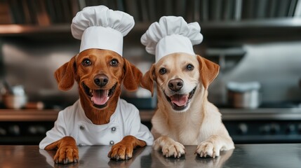 Two cheerful dogs wearing traditional chef outfits with hats, joyfully posing in a professional kitchen setting with stainless steel appliances in the background.
