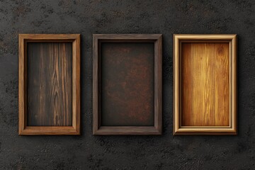 Three decorative wooden photo frames in varying shades positioned against a textured dark background, showcasing a rustic aesthetic.