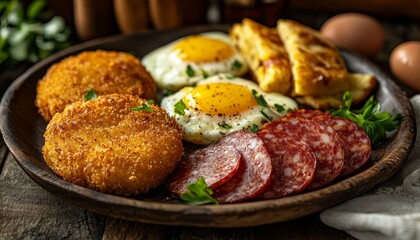 A hearty breakfast platter featuring crispy croquettes, sunny-side-up eggs, smoked salami, and savory pastries, served on a rustic wooden plate.