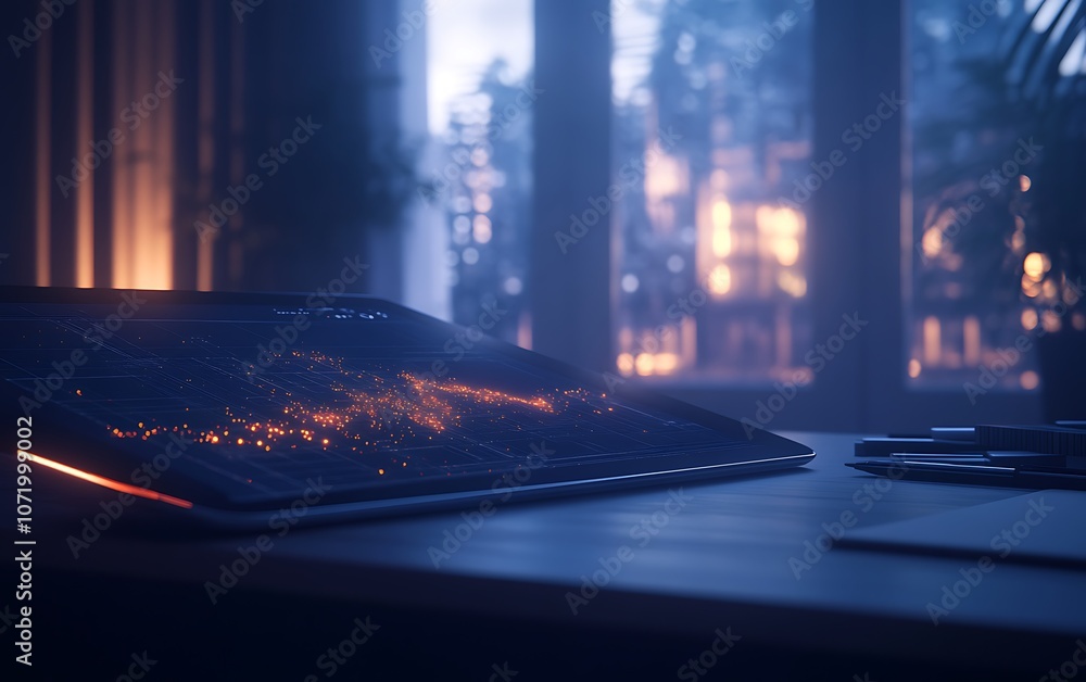 Poster a sleek laptop sits on a desk, illuminated by soft ambient light, with a blurred background of windo