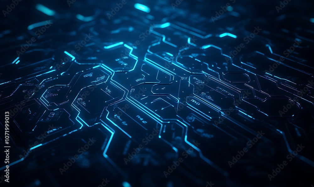 Poster a close-up view of a circuit board with glowing blue lines, representing advanced technology and dig