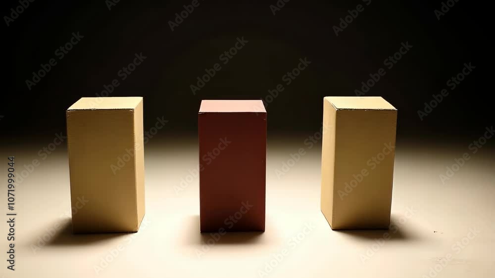 Poster three simple boxes stand on a light surface, illuminated by a single spotlight