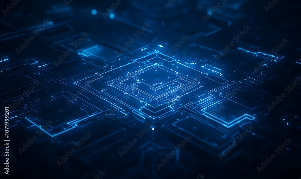 Poster a glowing blue digital circuit pattern, resembling intricate technology and data processing environm