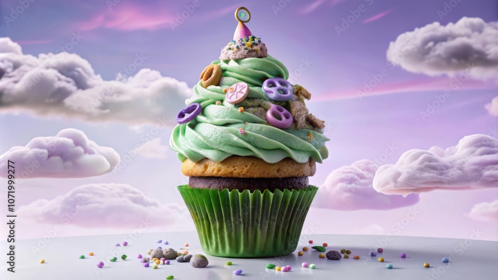 Poster a whimsical cupcake with a green frosting swirl and colorful toppings sits on a table against a drea