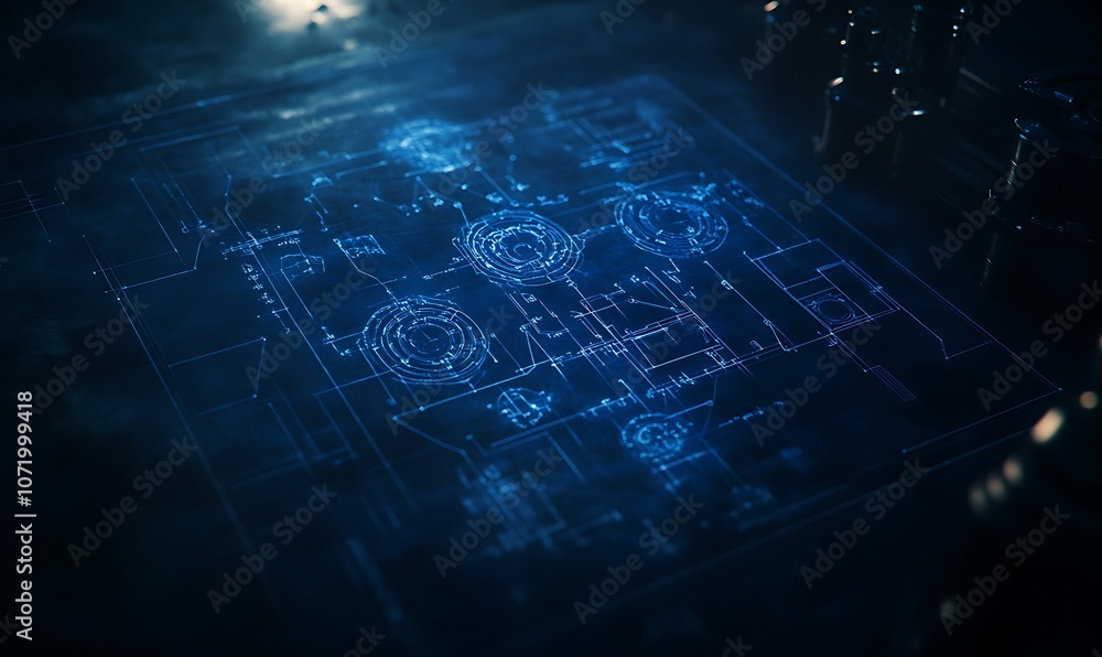 Poster a glowing blueprint emerges from darkness, showcasing intricate circuitry patterns and digital conne