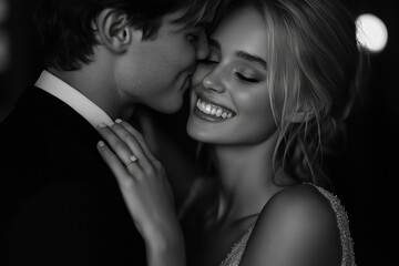 Fototapeta premium A bride and groom are smiling and hugging each other
