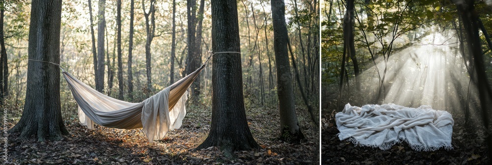 Poster a hammock hangs between trees in a forest with a light beam shining through the leaves.