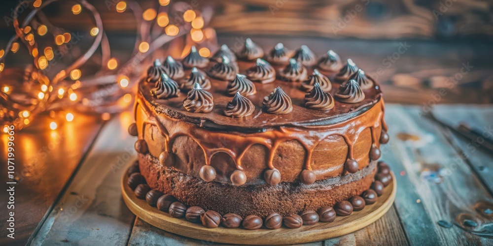 Poster a double-layered chocolate cake decorated with swirls of chocolate frosting and chocolate-covered ba
