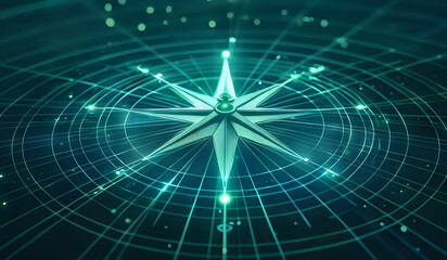 Obraz premium A holographic nautical compass on top of glowing lines representing network communication with sparkles of light in green and blue tones