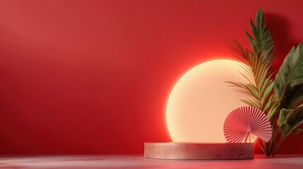 A round golden base elegantly supports a lush green plant with a red backdrop illuminating a soft light, providing a contemporary artistic expression of balance.
