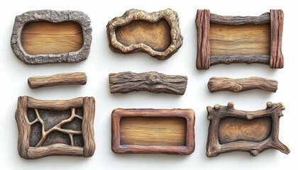 Decorative bark-like frames in various shapes, featuring textured surfaces and natural wood tones, ideal for displaying art or photos in a rustic style.