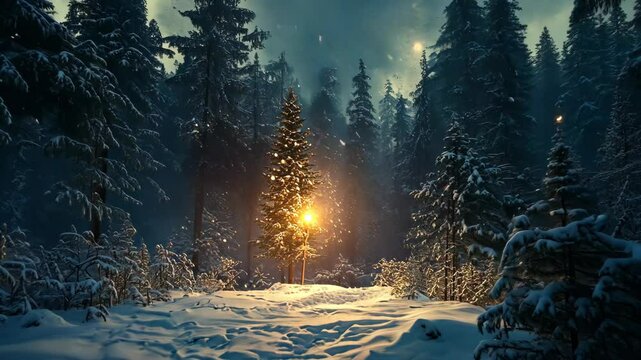 A single tree stands tall in a snowy forest, illuminated by a warm light
