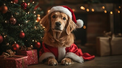 A cute dog wearing a Santa hat and a red suit looks at the camera with big, brown eyes.
