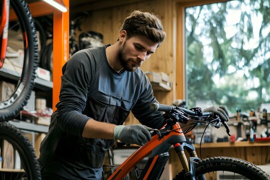 Man Working on Mountain Bike in Workshop