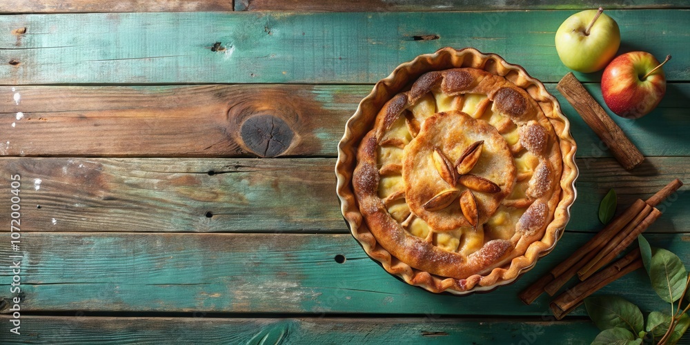Poster a rustic wooden table setting with a delicious apple pie, decorated with cinnamon sticks and fresh a