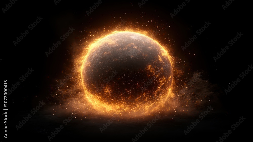 Poster a captivating image of a fiery celestial sphere, emanating intense energy and fiery glow, represents