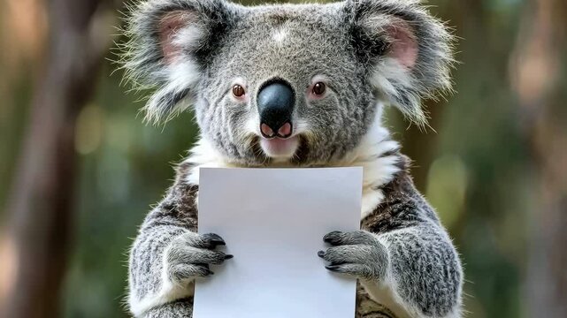 Curious and Adorable Koala Holding Blank Sheet in Australias Forest Wildlife Encounter with Natures Cutest Animal