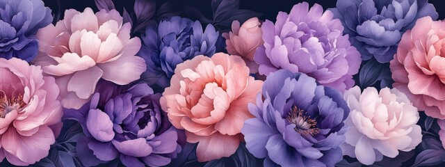 Fototapeta premium A line of flowers with purple and pink petals