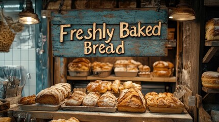 A sign reading "Freshly Baked Bread" hangs above a display of freshly baked loaves of bread in a bakery.