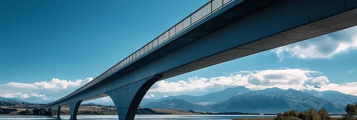 Naklejka premium A sleek modern bridge extends across a body of water, bordered by scenic mountains under a clear blue sky.