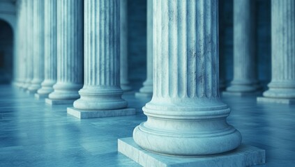 A long row of white pillars with blue smoke in the background