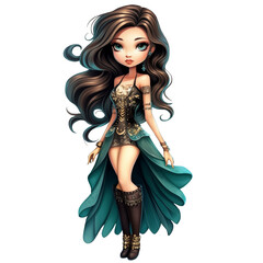 cute girl with long hair in a green dress