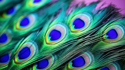 Obraz premium The vibrant peacock feathers display an array of mesmerizing eye patterns, showcasing nature’s detailed artistry.
