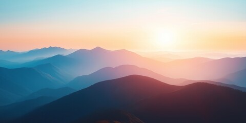 Obraz premium A calming sunrise illuminates foggy mountains, creating a serene and tranquil natural landscape scenery.