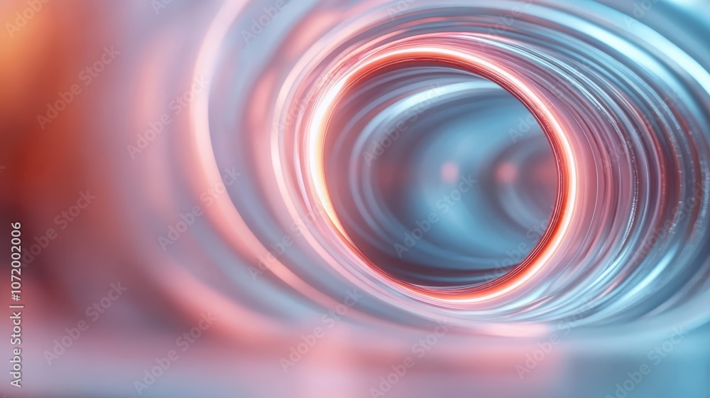 Poster an image presenting a soft spiraling tunnel effect enhanced by light reflections, creating a serene 