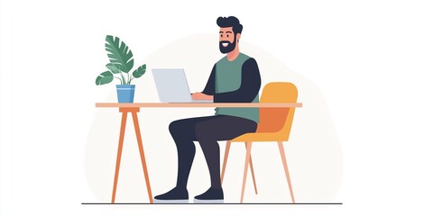 A man is sitting at a desk with a laptop and a potted plant. He is smiling and he is enjoying his work. Concept of productivity and relaxation