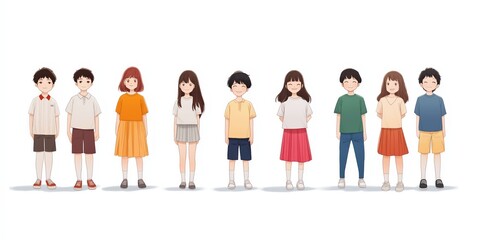 Fototapeta premium A group of children are standing in a line, with some wearing shorts and others wearing skirts. The children are of different ages and heights, and they are all wearing different colored shirts