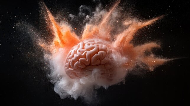 An intriguing depiction of a brain mid-explosion with dynamic trails of smoke and sparks creating a vibrant and energetic scene filled with motion.