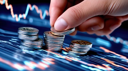 A close-up view of a hand strategically placing coins on a financial growth chart to illustrate investment techniques and wealth management strategies
