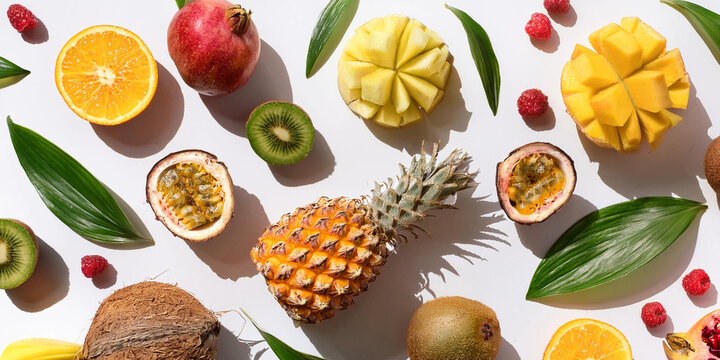 patr&oacute;n de frutas tropicales jugosas sobre un fondo blanco con sombras duras, salud, cuerpo, mente cambio habitos