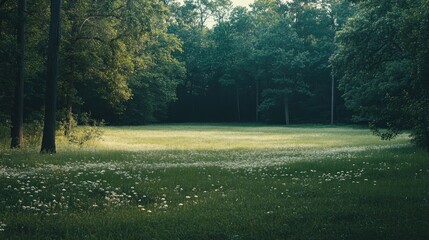 A wide field with fresh green grass and a few scattered wildflowers, surrounded by tall trees.