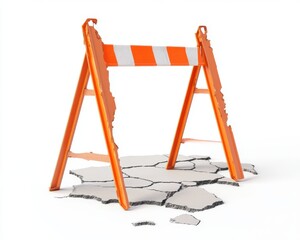 Construction barrier indicating unsafe area with cracked pavement.