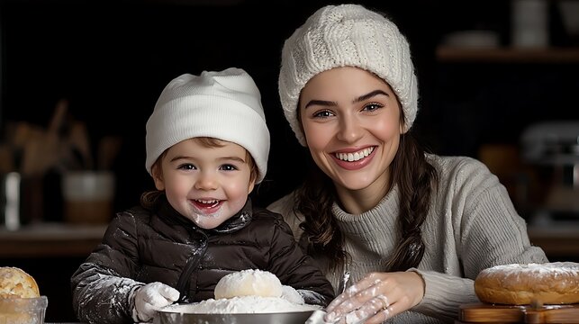 A cozy kitchen where a mother and her child are baking together, flour dust in the air and joy on their faces, representing the nurturing aspect of relationships and the desire for care and 
