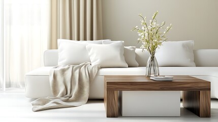 Minimalist living room with white sofa, wooden coffee table, and flowers.