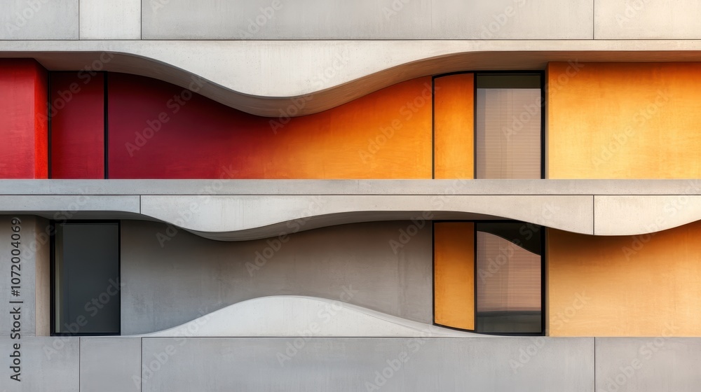 Poster a close-up view of an abstract building facade featuring smooth, wavy lines and colorful accents in 